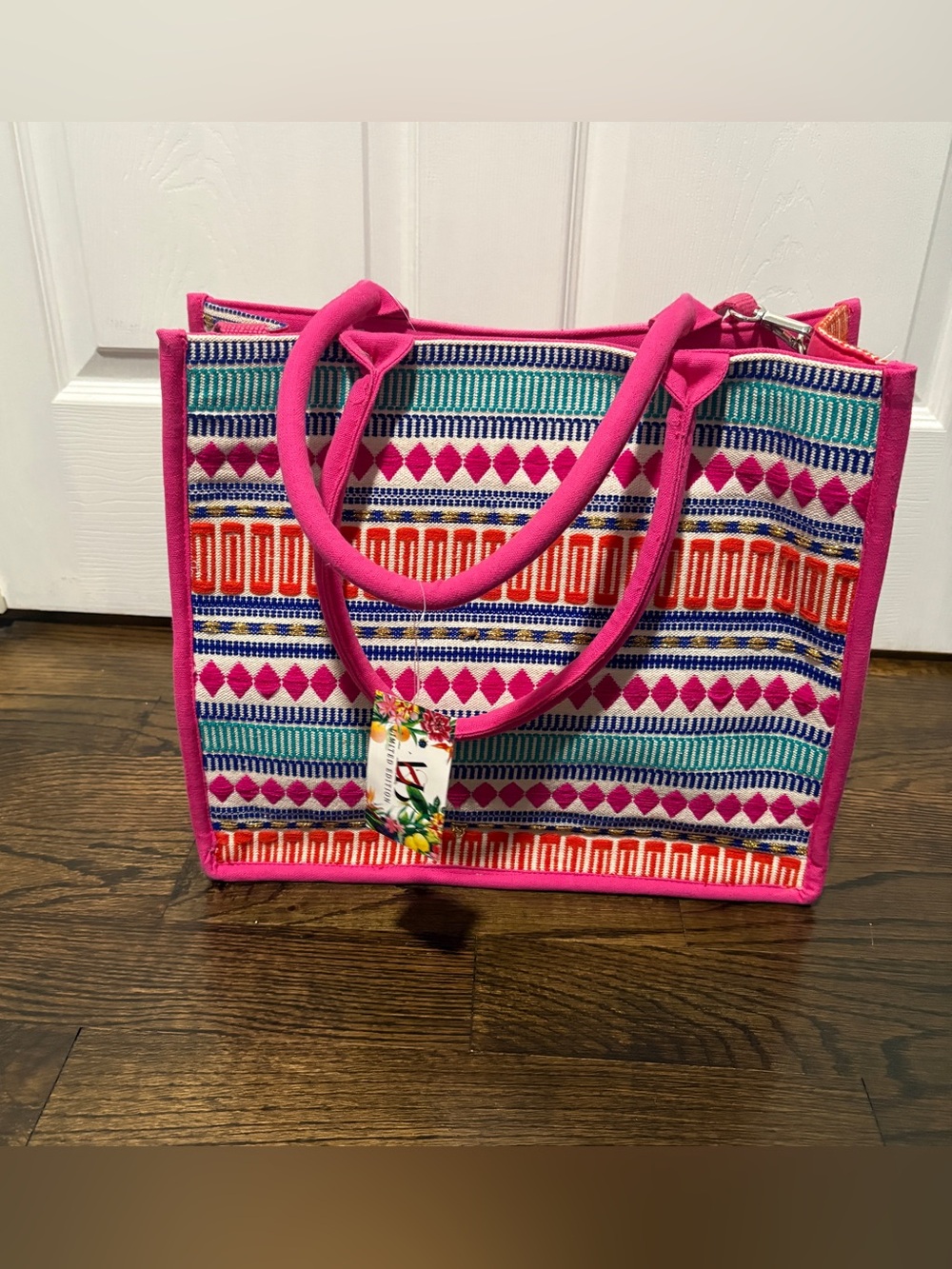 Bright Pink Multicolor Embroidered Wave Tote - Picture 4 of 6